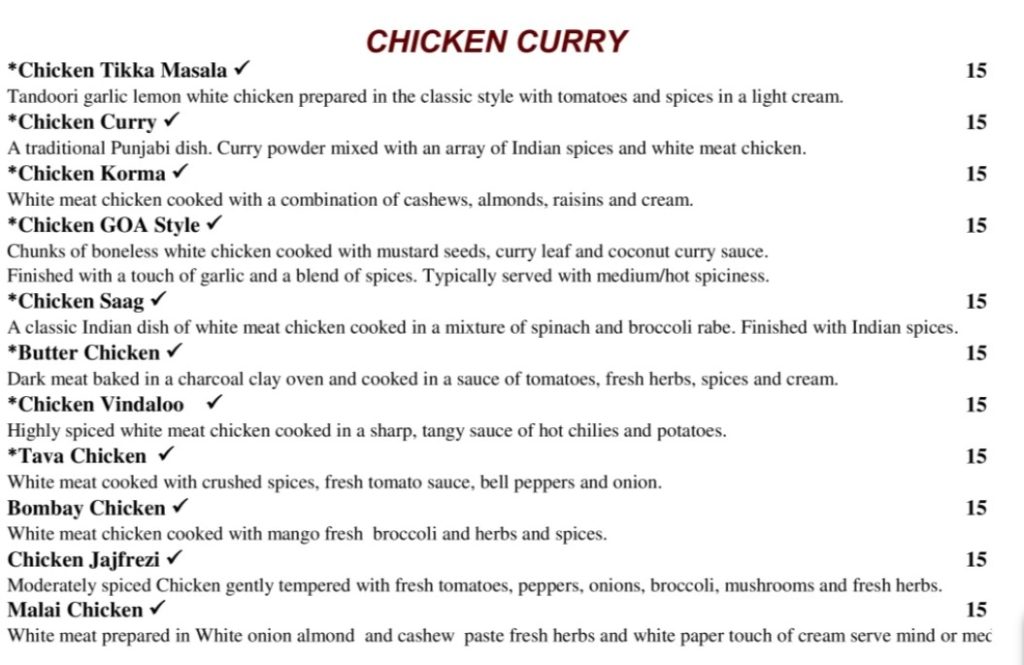 Soul of India Chicken Menu with Price