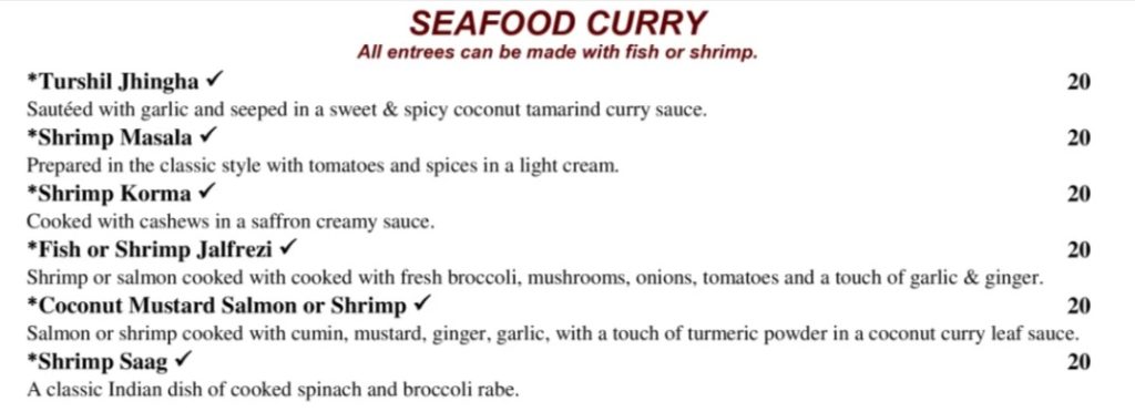Soul of India Seafood Menu Price