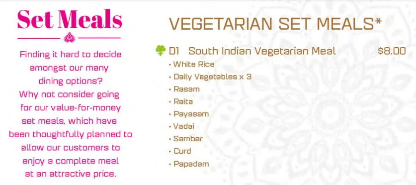 Sakunthala Vegetarian Set Meals Menu Price