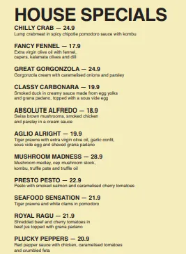 Tipo Pasta Bar House Specials Menu with Price