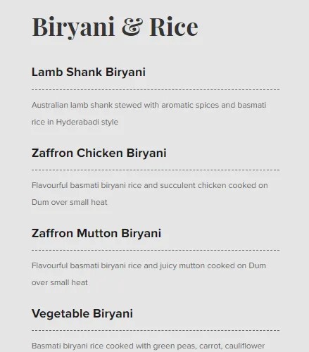 Zaffron Kitchen Singapore Biryani & Rice Menu