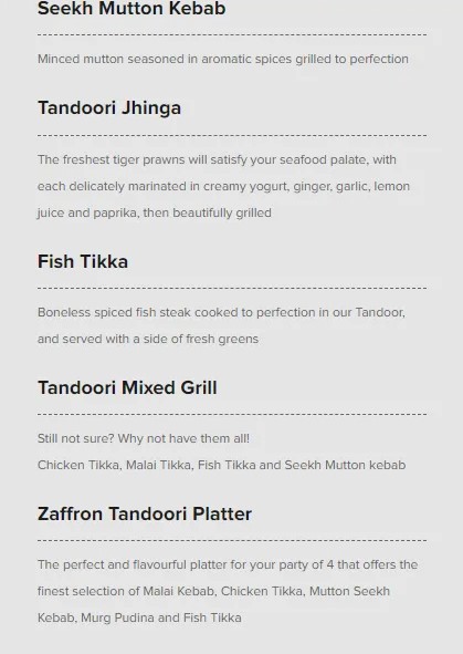 Zaffron Kitchen Tandoori Non Vegetarian Menu Price