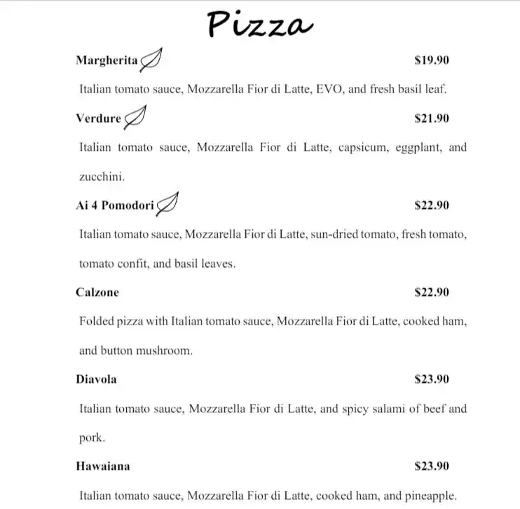 La Pizzaiola Pizza Menu with Price